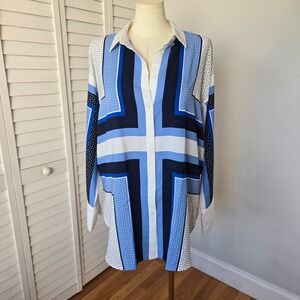 LOFT Blue White Scarf Print Button Down Tunic Blouse Size XL Preppy Coastal Chic